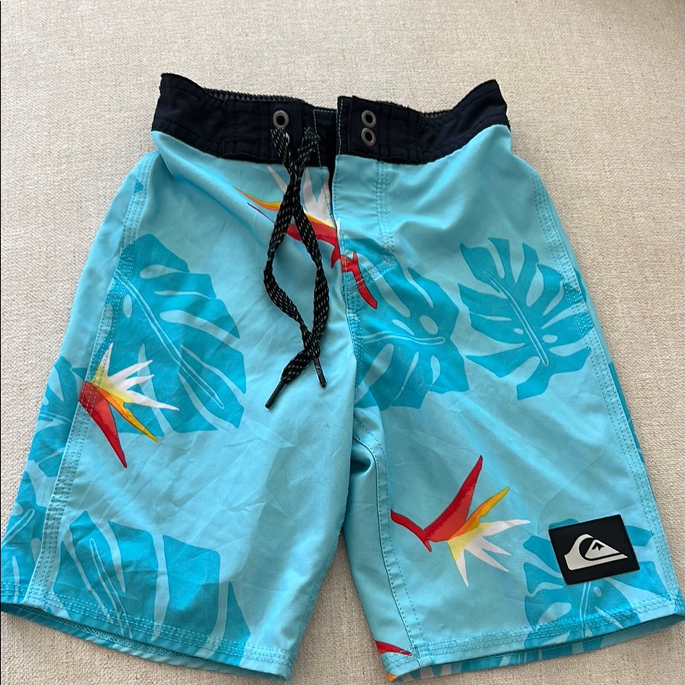 Quiksilver Blue and Black Board Shorts with Tropical Design